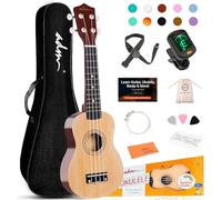 ADM Ukulele for Beginners, Wooden Soprano Ukulele with Strap, Complete Beginner Kit, 21 Inch, 4 Strings, Natural, Nylon Strings, Mahogany Top, Basswood Back, Free Teaching, Belt