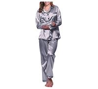 ADMAY Pyjamas For Women Silk Satin Classic Pyjama Soft Full-Length Bride Pjs Set Two Piece Pj Sets Button Down Sleepwear Loungewear Long-Sleeve Shirt Bottom Loose Fit Pj Pants