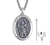 ADMETUS St Christopher Urn Necklace Sterling Silver Saint Christopher Urn Necklace for Men Oval St Christopher Urn Pendant Medal Cremation Jewellery for Ashes Memorial Gifts