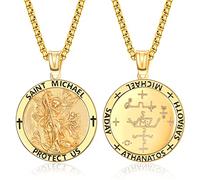 ADMETUS St Michael Necklace for Men Sterling Silver 24K Gold Plated Saint Michael The Archangel Pendant Medal Necklace for Men Double Sided Protection Jewellery Religious Gifts