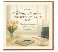 Administrative Professionals' Day Card - Elegant Office Desk with Tulips, Laptop & Coffee - Thank You for Keeping Everything Running Beautifully - Workplace Appreciation