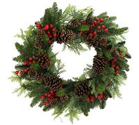 Admired By Nature Faux Red Berries Pine Cones & Cedar Christmas Wreath, 24", Natural
