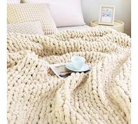 Admitrack Chunky Knit Blanket Throw, 100% Hand Knit Chenille Throw Blanket for Sofa & Home Decor, Soft and Cozy Knitted Throw Blankets (Ivory，40"x50")