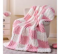 Admitrack Chunky Knit Blanket Throw 51"x63", 100% Hand Knit Chenille Throw Blanket for Sofa & Home Decor, Soft and Cozy Knitted Throw Blankets (Pink Checkered，51"x63")