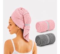 Admygo 2 Pcs Super Absorbent Coral Fleece Hair Towel Wrap, 60x100cm Quick Dry Hair Turban with Elastic Band, Soft Anti-Frizz Drying Cap for Women, All Hair Types & Lengths(Grey & Pink)
