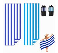 Admygo Microfibre Beach Towels for Adults - 2 Pack 180 x 90 cm Extra Large Beach Towels with Drawstring Bags, Quick Dry Lightweight Sand Free Towel for Swim, Travel, Gym (Stripe Dark Blue & Blue)