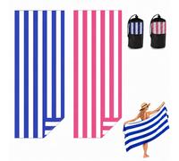 Admygo Microfibre Beach Towels for Adults - 2 Pack 180 x 90 cm Extra Large Beach Towels with Drawstring Bags, Quick Dry Lightweight Sand Free Towel for Swim, Travel, Gym (Stripe Dark Blue & Pink)