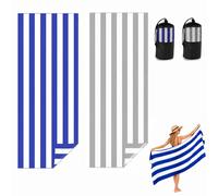 Admygo Microfibre Beach Towels for Adults - 2 Pack 180 x 90 cm Extra Large Beach Towels with Drawstring Bags, Quick Dry Lightweight Sand Free Towel for Swim, Travel, Gym (Stripe Dark Blue & Grey)