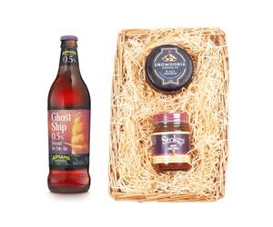 Adnams Alcohol Free Beer Wicker Tray Gift Set | Ghost Ship 0.5% 500ml | Snowdonia Black Bomber Cheese 200g | Stokes Beer Chutney 250g | Food & Drink Hamper