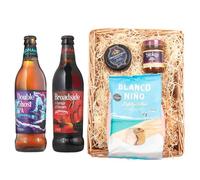 Adnams | Beer Wicker Tray Gift Set 6.3% & 5.2% ABV | 500ml | Features beer gift tray paired with Snowdonia cheddar and Stokes beer chutney for a savoury tasting set.