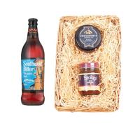 Adnams Beer Wicker Tray Gift Set | Southwold Bitter 500ml 4.1% ABV | Snowdonia Black Bomber Cheese 200g | Stokes Beer Chutney 250g | Food & Drink Hamper | Cheese & Bitter Ale Gift Basket