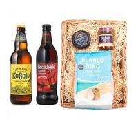 Adnams Premium Beer Wicker Tray Gift Set | Broadside Ale 6.3% ABV | Kobold Vegan Friendly Lager 4.7% ABV | Blanco Niño Salted Tortilla Chips | Snowdonia Black Bomber Cheese | Stokes Beer Chutney