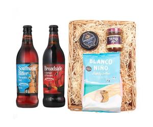 Adnams Premium Beer Wicker Tray Gift Set | Broadside Ale 6.3% ABV | Southwold Bitter 4.1% ABV | Blanco Niño Salted Tortilla Chips | Snowdonia Black Bomber Cheese | Stokes Beer Chutney