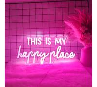 Adnkwolivt Neon Sign - 'This Is My Happy Place' - Pink LED Wall Decor - 16x9 Inches - Acrylic & PVC Material - USB Powered - Adhesive Hook Included