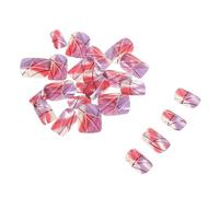 ADOCARN 24pcs Short Square Fake Nails Glitter Purple Lines Design Press Stick Nails for Parties Daily Use DIY Manicure