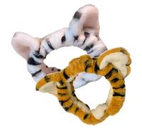 ADOCARN 2Pcs Plush Tiger Ears Headbands for Face Washing and Makeup, Wide Stretch Kawaii Hairbands in White and Yellow, Soft Spa Hair Wraps for Women and