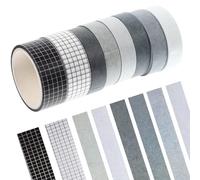 ADOCARN 8pcs Black and White Washi Tape Set, Self-adhesive Decorative Paper Tapes for DIY Crafts, Scrapbooking, Journaling and Party Supplies, Classic Solid and Grid Patterns