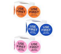 ADOCARN Use First Inventory Control Labels for Food Storage, Self-Adhesive Round Organizer Stickers in Copper Blue, Orange Pink, 3 Rolls for Restaurant and Kitchen Management