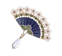ADOCARN Vintage Chinese Style Fan Shape Brooch Dress Accessory with Rhinestone and Pearl Accent Creative Women and Family Polished Elegant Pin for Clothes Decoration
