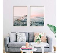 AdoDecor Wall Art Pink Ocean Seascape Poster Canvas Pictures for Wall Sunset Waves Beach Prints Wall Paintings for Living Room(Framed)