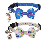 ADOGGYGO Birthday Cat Collars with Bow Bell, Breakaway Cat Bowtie Collar White Blue Happy Birthday Collars for Cats Kittens (Birthday)