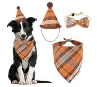 ADOGGYGO Fall Dog Bandana Hat Bow Set - Stylish Orange Plaid Fall Thanksgiving Halloween Costume Outfit for Medium Large Dogs (Large)