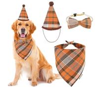 ADOGGYGO Fall Dog Bandana Hat Bow Set - Stylish Orange Plaid Fall Thanksgiving Halloween Costume Outfit for Extra Large Dogs (X-Large)