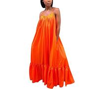 Adogirl Women's Sexy Spaghetti Strap Sleeveless Ruched Ruffle Hem Bandage Oversized Beach Loose Long Maxi Swing Dress, Orange, L