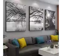 ADOHOME Stunning Big Tree Lake Sunset Landscape Canvas Painting for Living Room Bedroom and Study Decor Wall Posters 80x100cmx3 Frameless