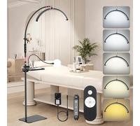 Adonafy Lash Light for Eyelash Tech: 18In Foldable Half Moon Light with Magnifying Glass - Adjustable Gooseneck & Height with 5 Colors Dimmable Beauty Light Floor Standing for Salon Home, Black