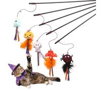 AdoPet 5 Pack Halloween Cat Wand Toys - Interactive Feather Cat Teaser Wand with Jingle Bells, Spooky Pumpkin Ghost Bat Spider Plush Pendant Toys for Indoor Cats, Kittens & Pet