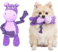 AdoPet Squeaky Pet Toy - Purple Hippo Plush with Pullable Rope Arms, Soft Cotton Dog Toy with Crinkle Paper, 9.8 Inch, Interactive Chew & Tug Toy for Small & Medium Dogs