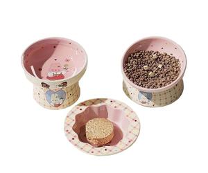Adorable 3-Piece Pet Bowl Set Designed for Devon Rex Cats, Made of Ceramic, Includes Water Bowl, Tilted Food Bowl, and Shallow Dish C