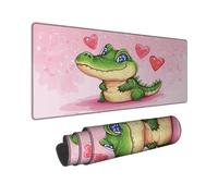 Adorable Alligator Large Gaming Mouse Pad, Green Peach Cartoon Crocodile Stitched Edge Mousepad, Rubber Non-Slip Washable Gaming Mat for Home and Office 12x32 Inch