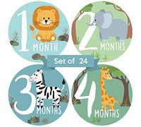 Adorable Animal 4 in Baby Monthly Milestone Stickers for Boys or Girls. Set of 24 Gender Neutral Month Decals. Unisex Jungle Themed Newborn Picture Props. First Year Photo Aids for Babies.