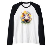 Adorable Baby Hippo Watercolor Floral Splash Art Raglan Baseball Tee
