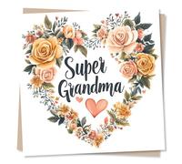 Adorable Birthday Card For Grandma - Heart, Heartfelt, Floral Wreath - Delicate and Joyful - For a Grandmother, Grandparent, Nana