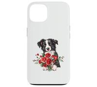 Adorable Border Collie Puppy Holding Red Roses Bouquet Case for iPhone 13