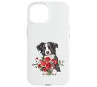 Adorable Border Collie Puppy Holding Red Roses Bouquet Case for iPhone 15