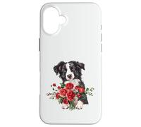 Adorable Border Collie Puppy Holding Red Roses Bouquet Case for iPhone 16 Plus
