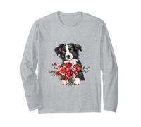 Adorable Border Collie Puppy Holding Red Roses Bouquet Long Sleeve T-Shirt