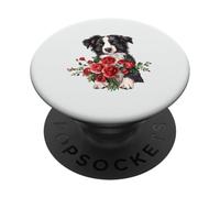 Adorable Border Collie Puppy Holding Red Roses Bouquet PopSockets Adhesive PopGrip