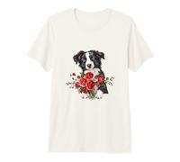 Adorable Border Collie Puppy Holding Red Roses Bouquet Premium T-Shirt