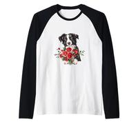 Adorable Border Collie Puppy Holding Red Roses Bouquet Raglan Baseball Tee