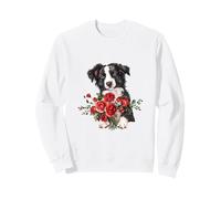 Adorable Border Collie Puppy Holding Red Roses Bouquet Sweatshirt