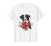 Adorable Border Collie Puppy Holding Red Roses Bouquet T-Shirt
