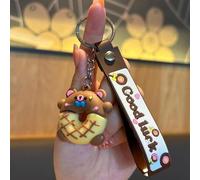 Adorable Brown Bear Donut Charm Keychain Stylish Cartoon Animal Key Ring Holder with Good Luck Wrist Strap Exquisite Backpack Accessories for Couples