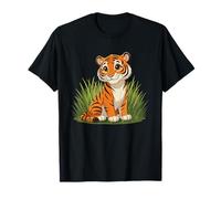 Adorable Cartoon Tiger in Jungle Grass Scene T-Shirt