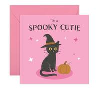 Adorable Cat Greeting Card - Spookie Cutie - Halloween Theme Card for Him, Her, Girlfriend, Boyfriend, Wife, Husband, Fiance, Crush, Boy, Girl - Comes with Fun Stickers