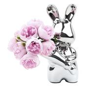 Adorable Ceramic Bunny Statue Ornament Holding Flower, Rabbit Vase with Faux Flowers, Animal Ornaments for Home Decor Shelf, Desk & Mantel Charm